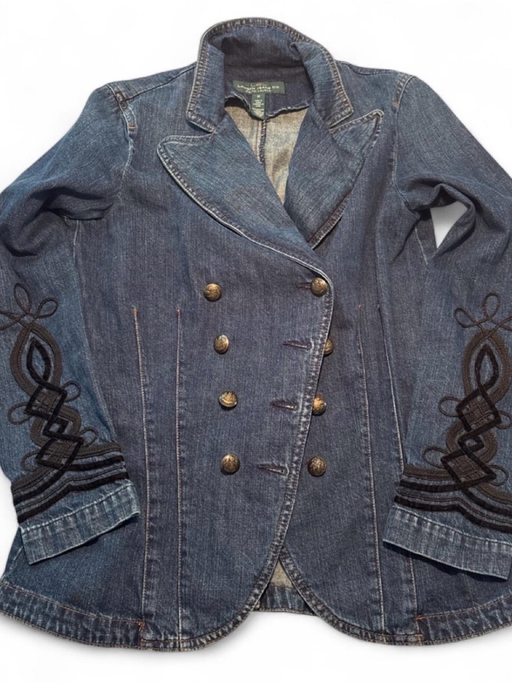 Lauren Ralph Lauren Vintage Denim Double Breasted Military Blazer Soutache Cuffs